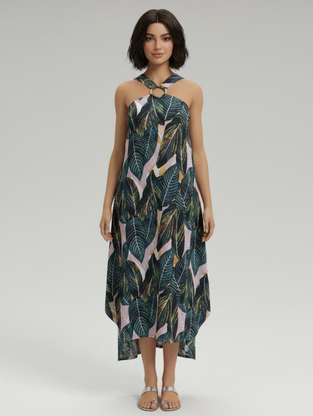 Anrabess Leaf Print Halter Midi Dress Size L